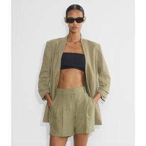 Babaton Power Linen Blazer in Sundried Olive Size 10 Rolled Sleeve Open Front
